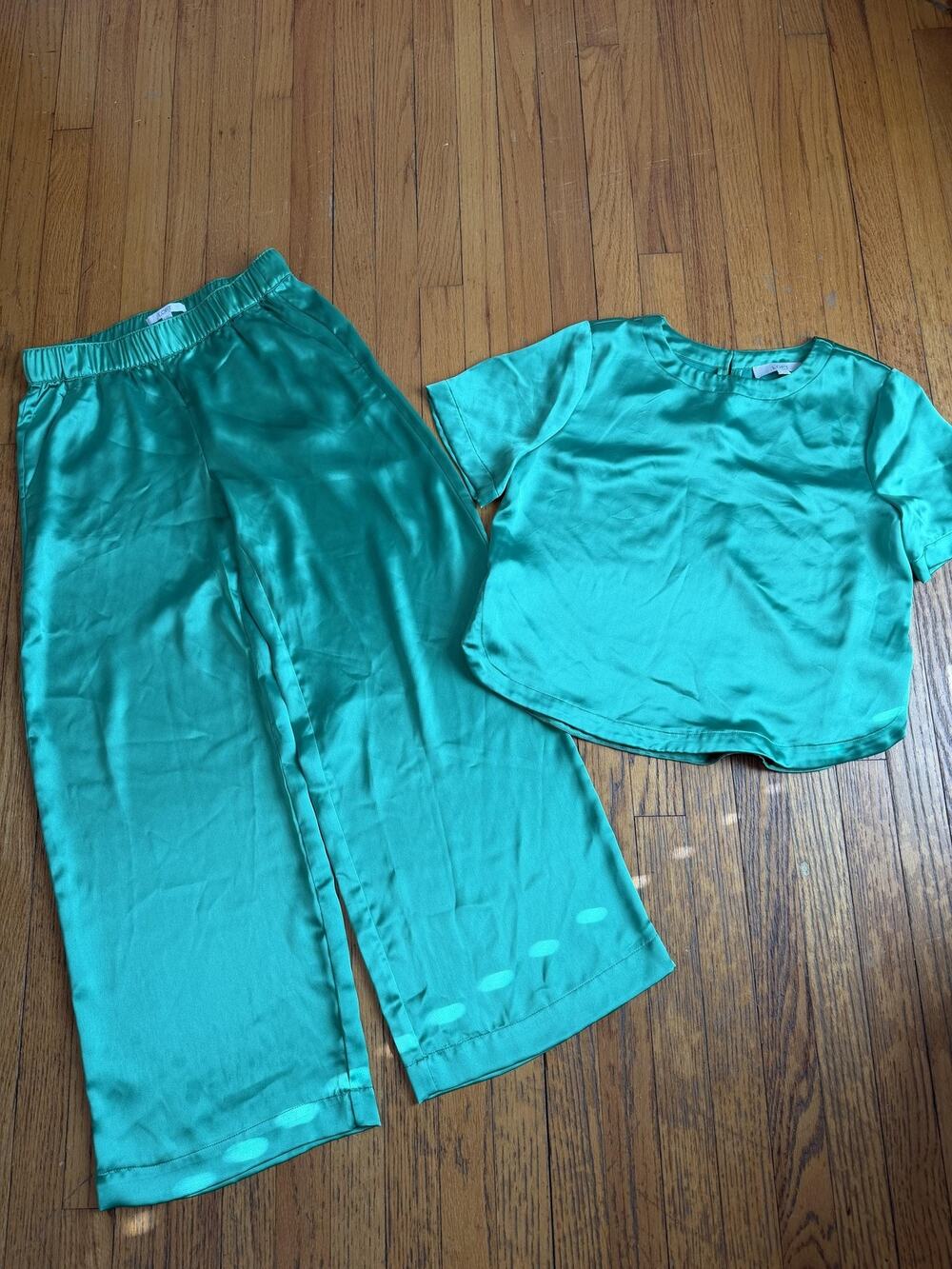 LOFT 2 Piece Set Womens Small Green Satin Top Wide Leg Pants Lounge Outfit